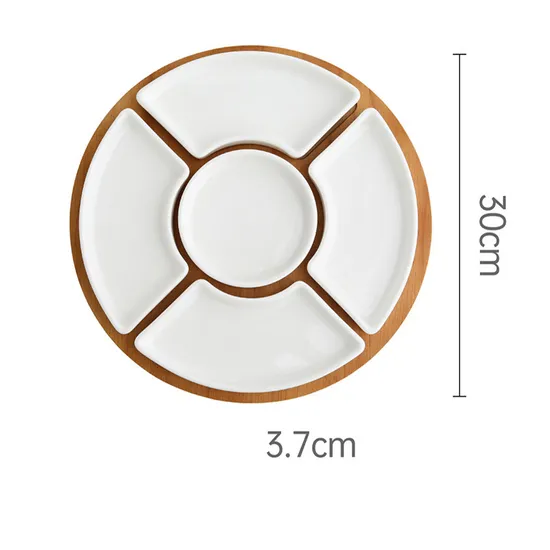 Rotatable Bamboo Serving Tray with 5 Piece Round Divided Ceramic Dishes