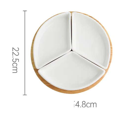 Round Wooden Tray with 3 Divived Ceramic Dishes for Appetizer / Snack / Desser