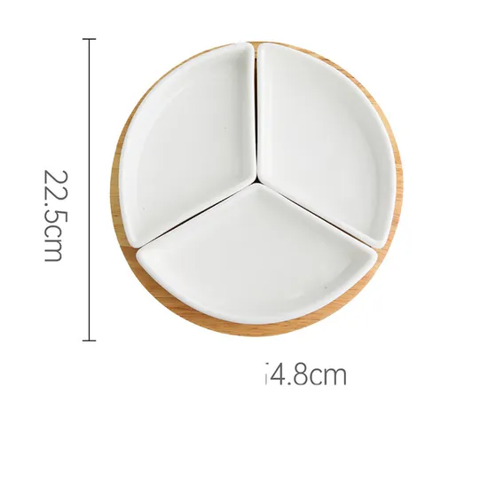 Round Wooden Tray with 3 Divived Ceramic Dishes for Appetizer / Snack / Desser