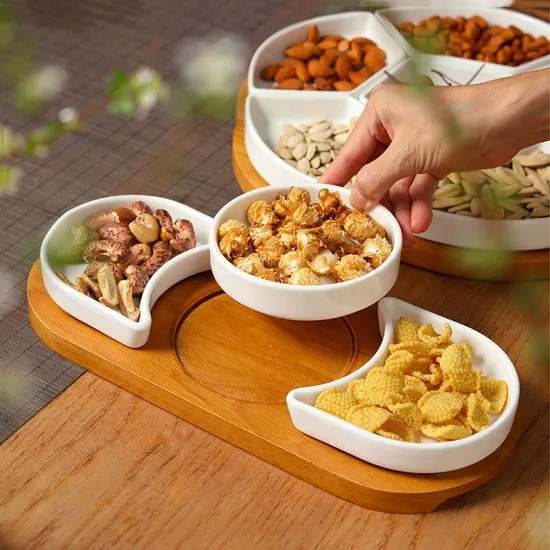 Bamboo Serving Platter with 3 PCS Ceramic Plates for Party