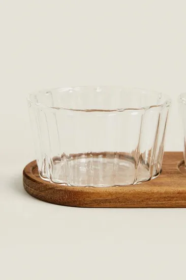 Paddle Shape Acacia Wood DIP Tray with 3 PCS Glass Serving Bowls Set for Sale