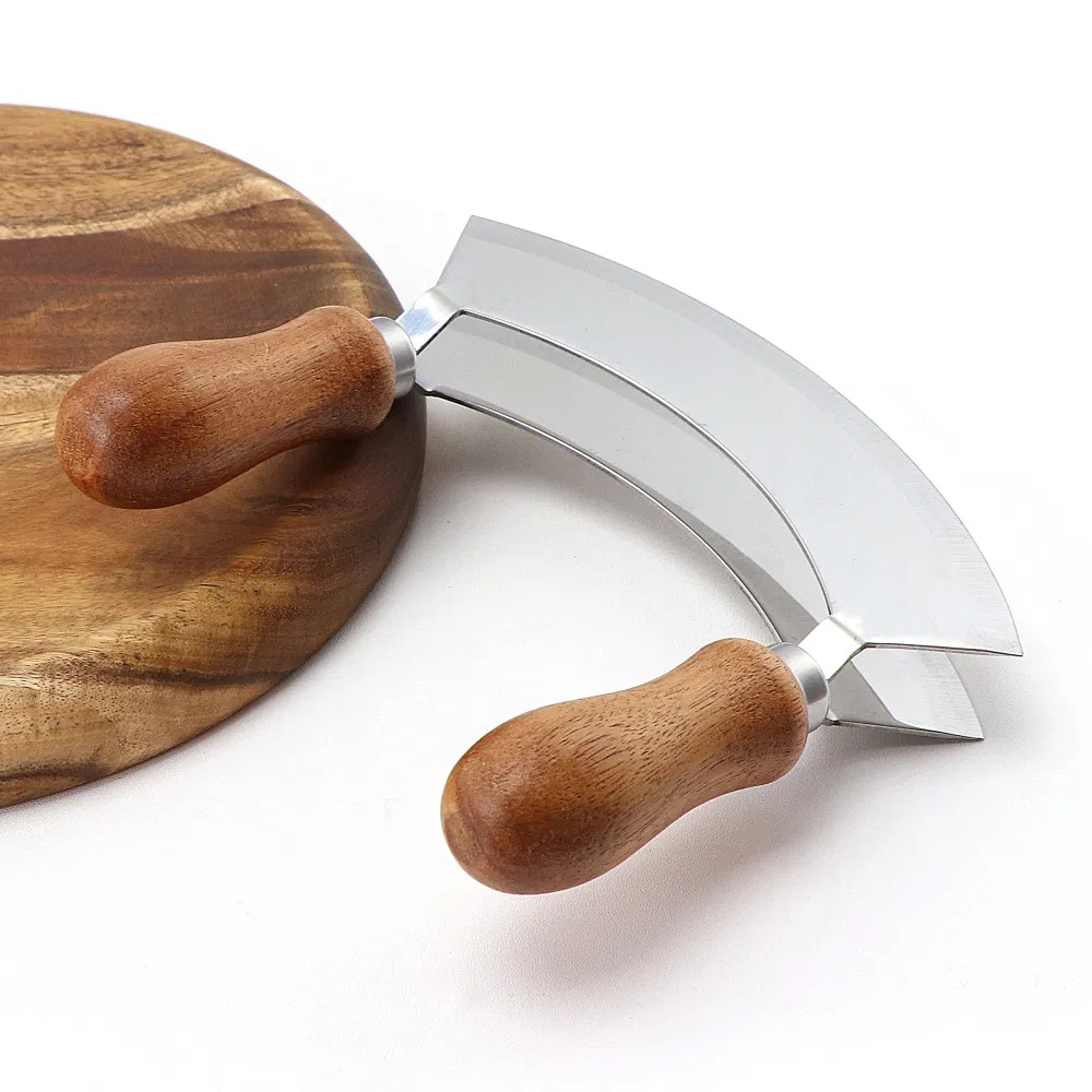 Round Wooden Cutting Board with Double-Blade Stainless Steel Mezzaluna Herb Chopper
