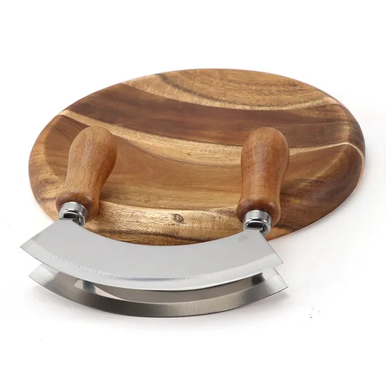 Round Wooden Cutting Board with Double-Blade Stainless Steel Mezzaluna Herb Chopper