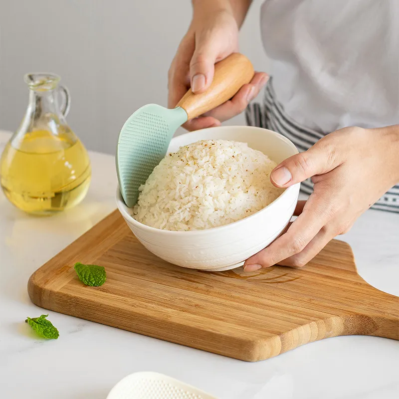Creative Heat Resistant Non -Stick Standable Silicone Rice Spoon with Wooden Handle