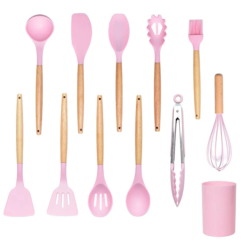 Wholesale Custom Silicone Kitchen Utensils with Wooden Handle for Cooking