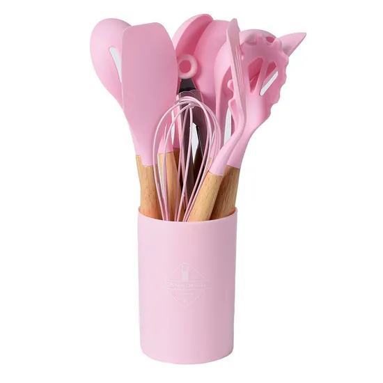 Wholesale Custom Silicone Kitchen Utensils with Wooden Handle for Cooking