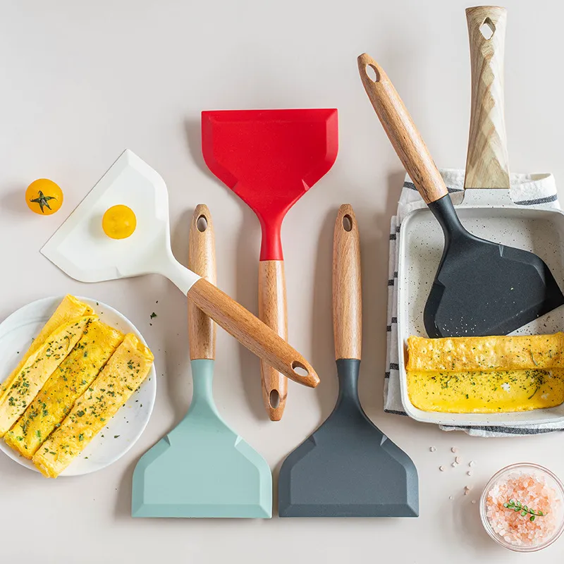 Beech Handle Non-Stick Wide Silicone Jade Burning and Frying Shovel for Kitchen