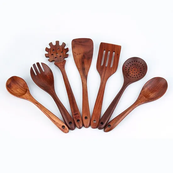 Hot Selling Teak Wood Kitchen Utensil Set Cooking Tools with Spoon Rest and Holder