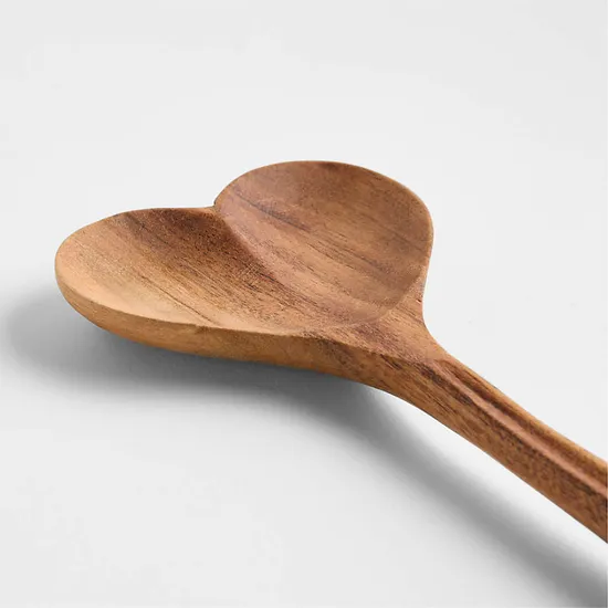 Heart Shape Acacia Wood Serving Spoon Set of 2 with Round Handle