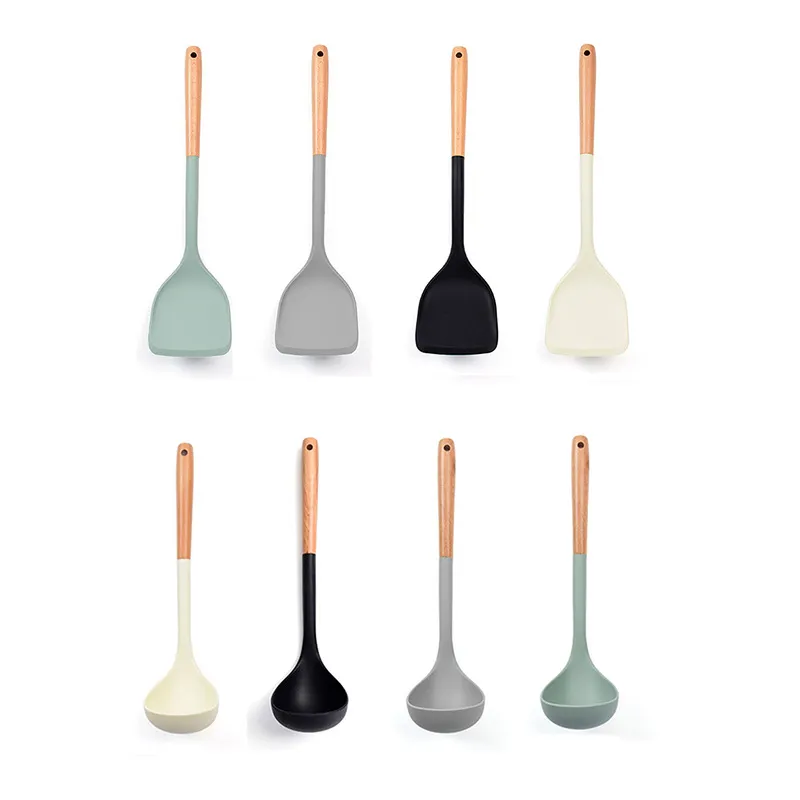 Hanging Non-Stick Silicone Spatula and Soup Ladle with Wooden Handle for Kitchen Cooking