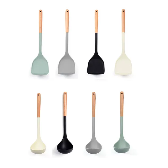 Hanging Non-Stick Silicone Spatula and Soup Ladle with Wooden Handle for Kitchen Cooking