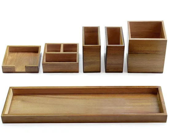 6-Piece Acacia Wood Vanity Tray Set/ Office Desk Organizer and Storage - Holds Small Items