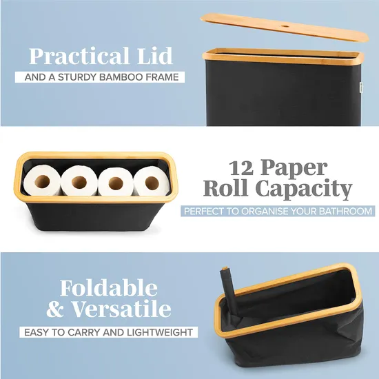 Stackable & Foldable Bathroom Toilet Paper Organizer with Bamboo Lid