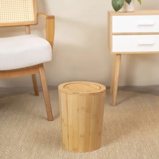 Round Bamboo Waste Basket with Lid for Living Room and Bathroom