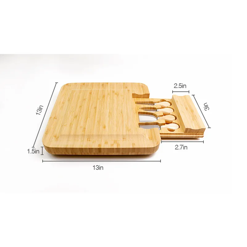 13 Inch Square Bamboo Cheese Board with Drawer and Knives Set From Fujian Factory