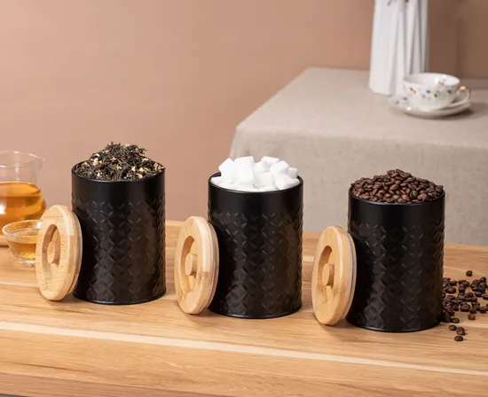 Black Metal Canisters Sets for Coffee Tea Sugar Storage