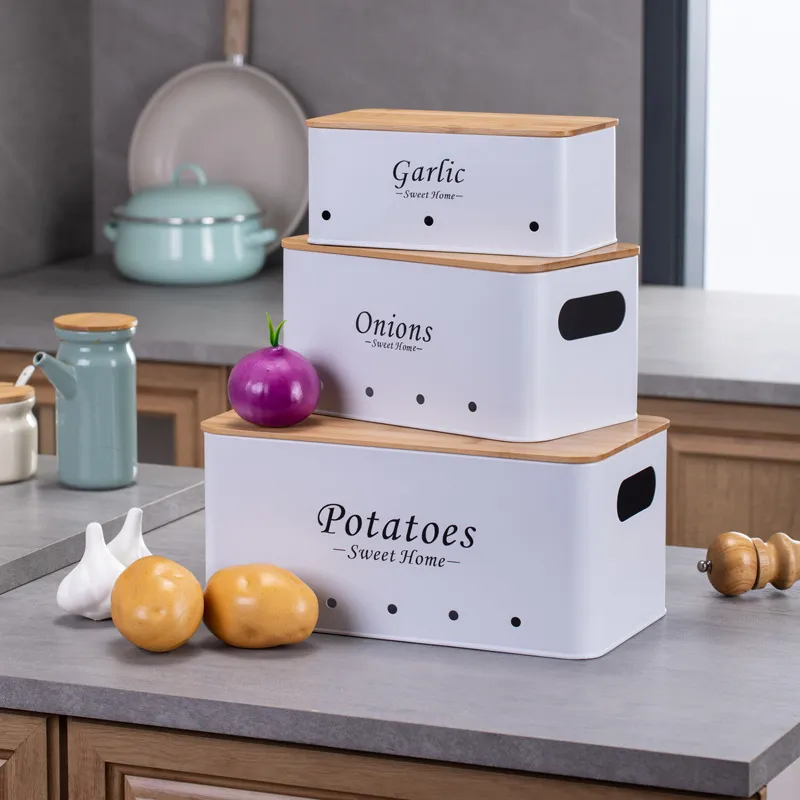 Metal Potato Onion Garlic Storage Box Set of 3 with Bamboo Lid and Handle