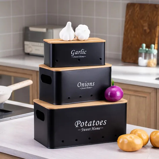 Metal Potato Onion Garlic Storage Canisters Set of 3 for Keeping Vegetables Fresh Longer