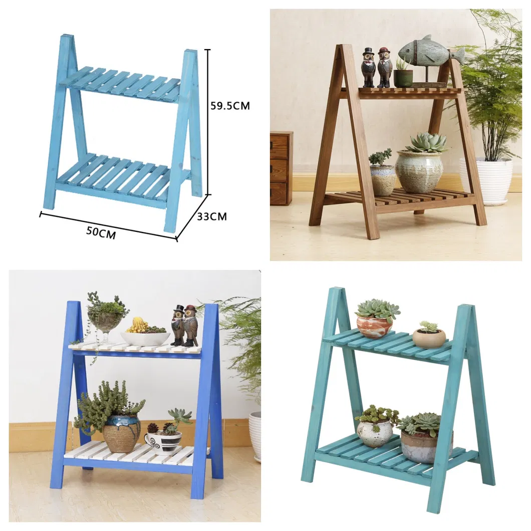2 Tier Folding Ladder Design Wooden Plant Stand Garden Wooden Flower Pot Display