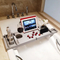 White Color Bamboo Bathroom Storage Rack Bathtub Holder with Flat Panel Mobile Phone Holder