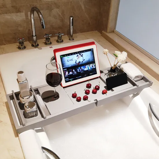 White Color Bamboo Bathroom Storage Rack Bathtub Holder with Flat Panel Mobile Phone Holder