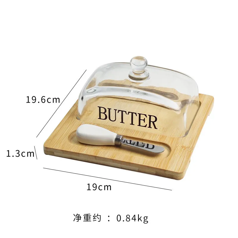 Manufacture Rectangle Bamboo Butter Dish with Glass Lid and Cheese Knives
