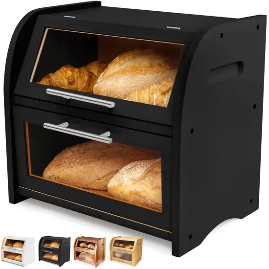 Double Large Bamboo Bread Storage Box with Cutting Board for Kitchen