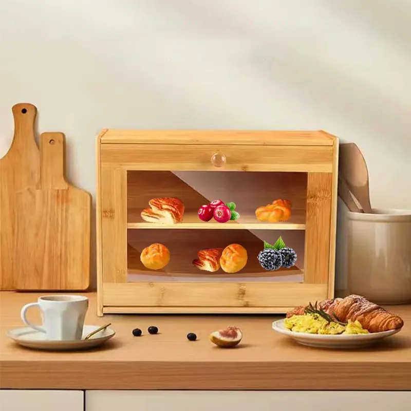 Double Layer Bamboo Bread Box Storage Container with Clear Windows for Kitchen Countertop