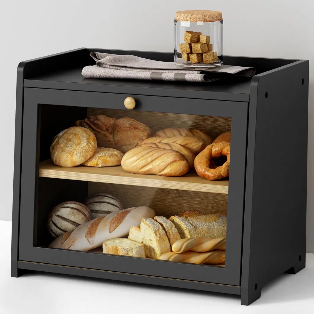 Durable Black Color 2-Tier Bamboo Kitchen Bread Storage Box