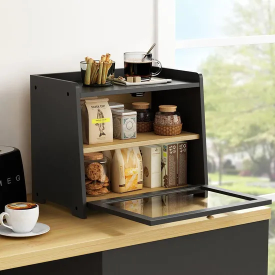 Durable Black Color 2-Tier Bamboo Kitchen Bread Storage Box