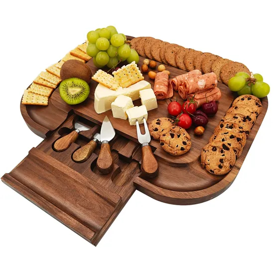 Hot Selling Luxury Acacia Wood Cheese Board with Drawer and Knives Set