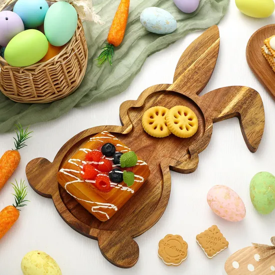 Leaf Shape Acacia Wood Food Serving Tray for Appetizers & Snacks with Handles