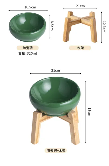 Creative Ceramic Pet Water Bowls Food Bowl with Sturdy Bamboo Base
