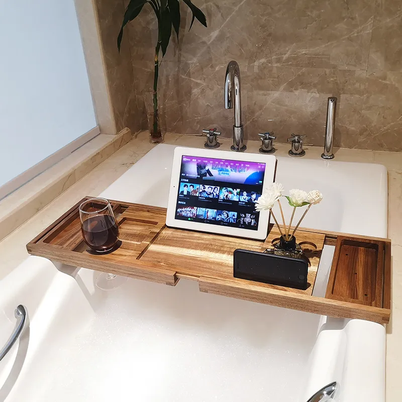 Luxury Extendable Acacia Wooden Bathtub Caddy Tray with Wine Holder and Book Stand