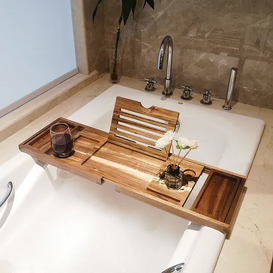 Luxury Extendable Acacia Wooden Bathtub Caddy Tray with Wine Holder and Book Stand