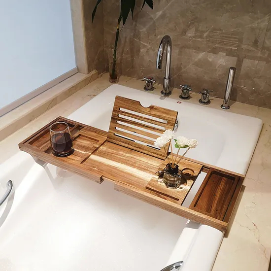 Luxury Extendable Acacia Wooden Bathtub Caddy Tray with Wine Holder and Book Stand