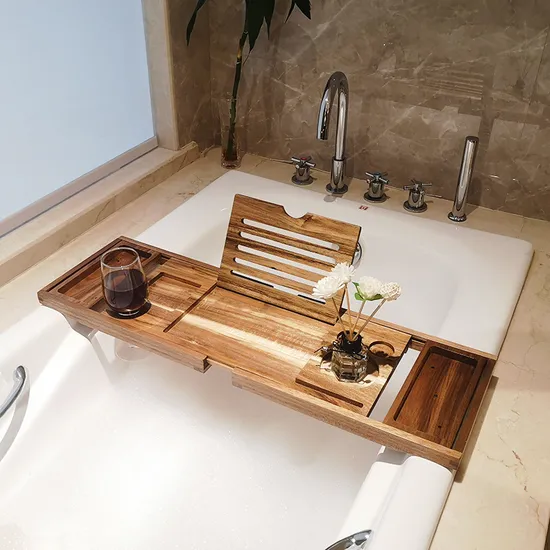 Luxury Extendable Acacia Wooden Bathtub Caddy Tray with Wine Holder and Book Stand