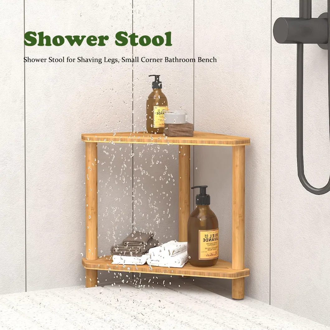 Multifunctional Space -Saving Bamboo Shower Bench with Corner Storage for Bathroom