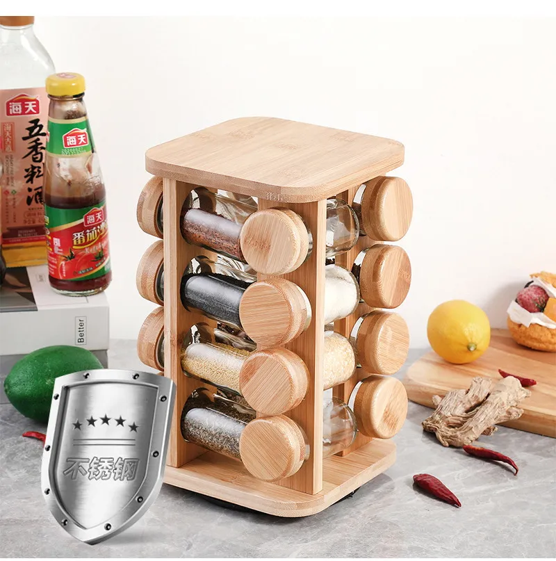 4-Layer 16 Jar Rotating Bamboo Seasoning Rack with Glass Spice Bottle