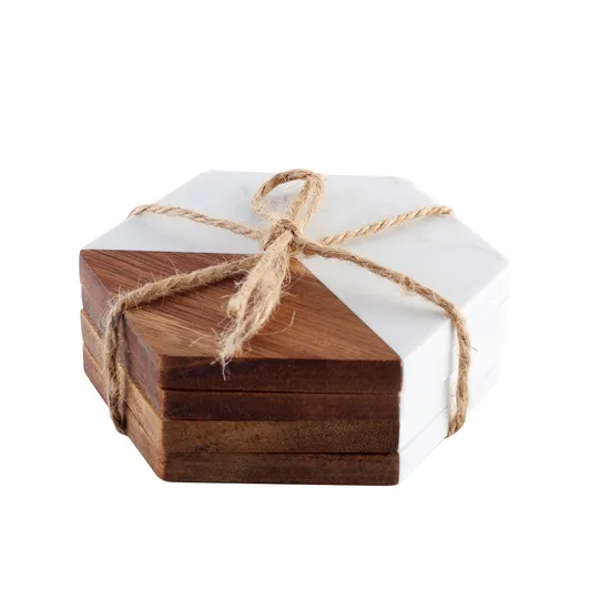 Custom Hexagonal Marble & Acacia Coasters Set, Bulk Orders Available for Cafe and Event Planners