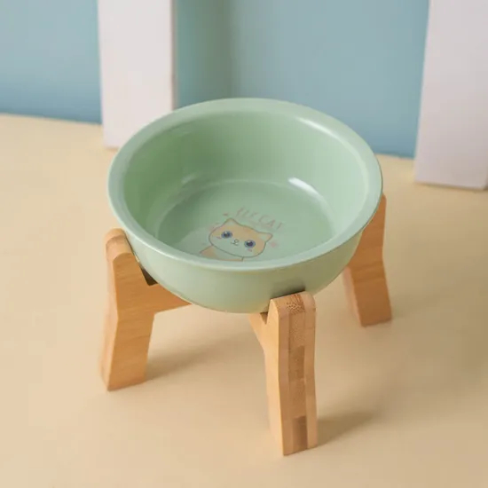 Nordic - Style Pet Ceramic Snack Food Bowl with Wooden High - Foot for Dog and Cat