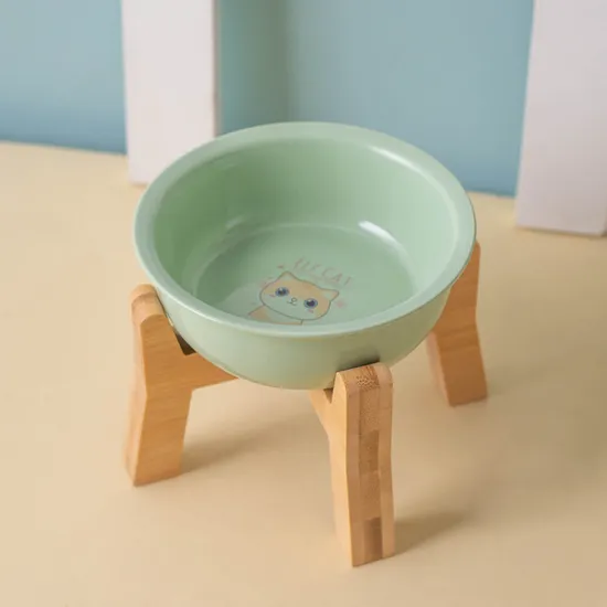 Nordic - Style Pet Ceramic Snack Food Bowl with Wooden High - Foot for Dog and Cat