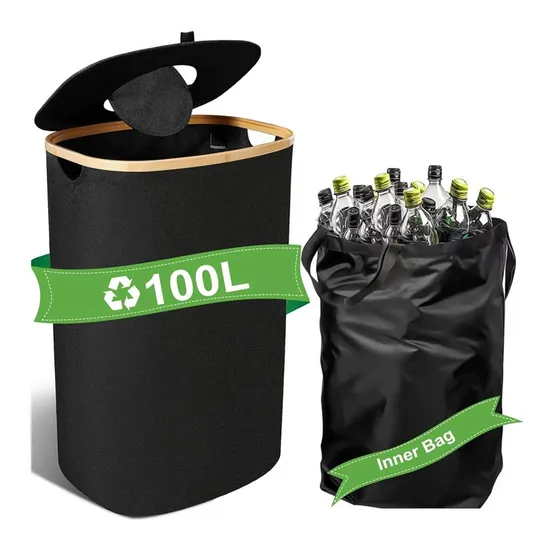 Wholesale Fodable and Waterproof Oval Bamboo Fabric Sundries Collection Bucket for Bottles and Can Storage
