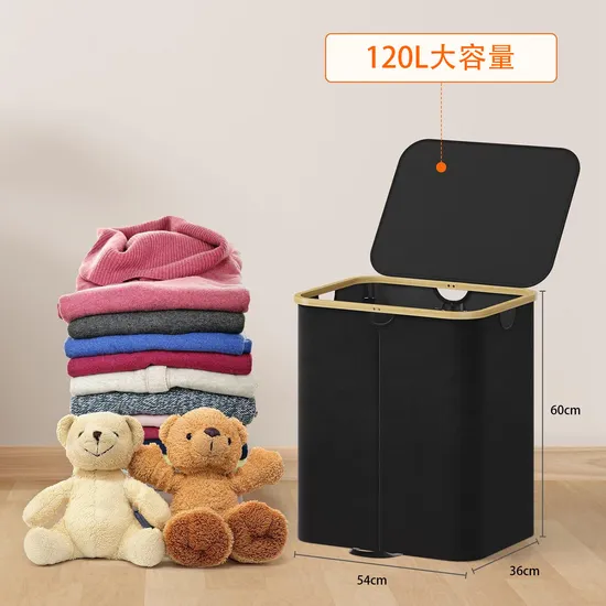 Bamboo Fabric Laundry Basket with Lid and Two Removable Washable Inner Bags