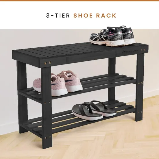 Black Color Bamboo Shoe Rack Wooden Storage Bench Bamboo Organizer Entryway Organizing Shelf