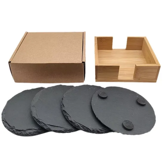 Custom Engraved Round Slate Cup Coasters with Bamboo Holder for Personal Gifts