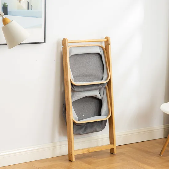 Triple-Layer Bamboo and Fabric Storage Shelf Storage Rack Laundry Basket for Bathroom