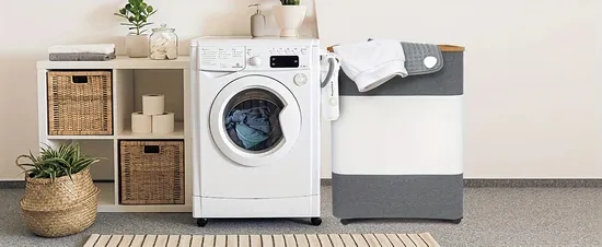 Large Capacity Black and White Spliced Foldable Bamboo Fabric Laundry Basket with Cover and Wheels