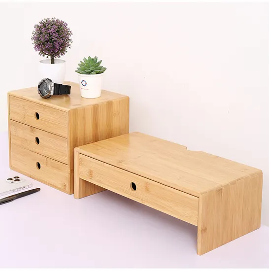 Bamboo Computer Monitor Stand with Storage Organizer Drawers