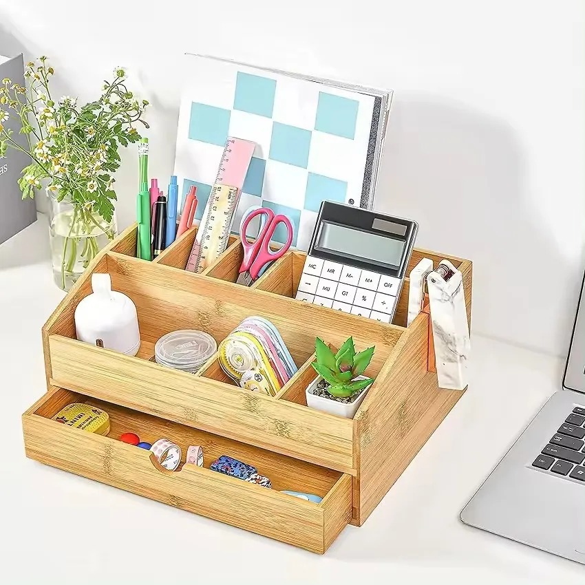 Bamboo Office Desktop Storage Box Office File Storage Shelf with Pen Holder
